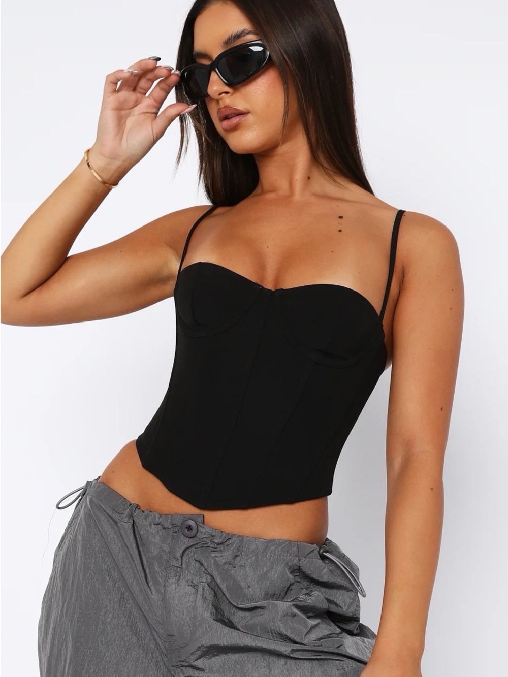White Fox Boutique Black Bustier Crop Cami with Thin Straps